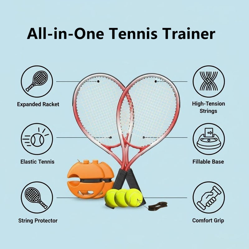 ETG All-in-One Tennis Trainer Set – 2 Rackets, 3 Balls, 2 Fillable Bases, Grips & Bag for Self-Training - Image 4